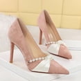 thumbnail image 3 of Women Pointed Toe Stiletto High Heels 10CM Satin Wedding Pumps Pearl Chain Bow Suede Shoes for Bride Prom Party, 3 of 5