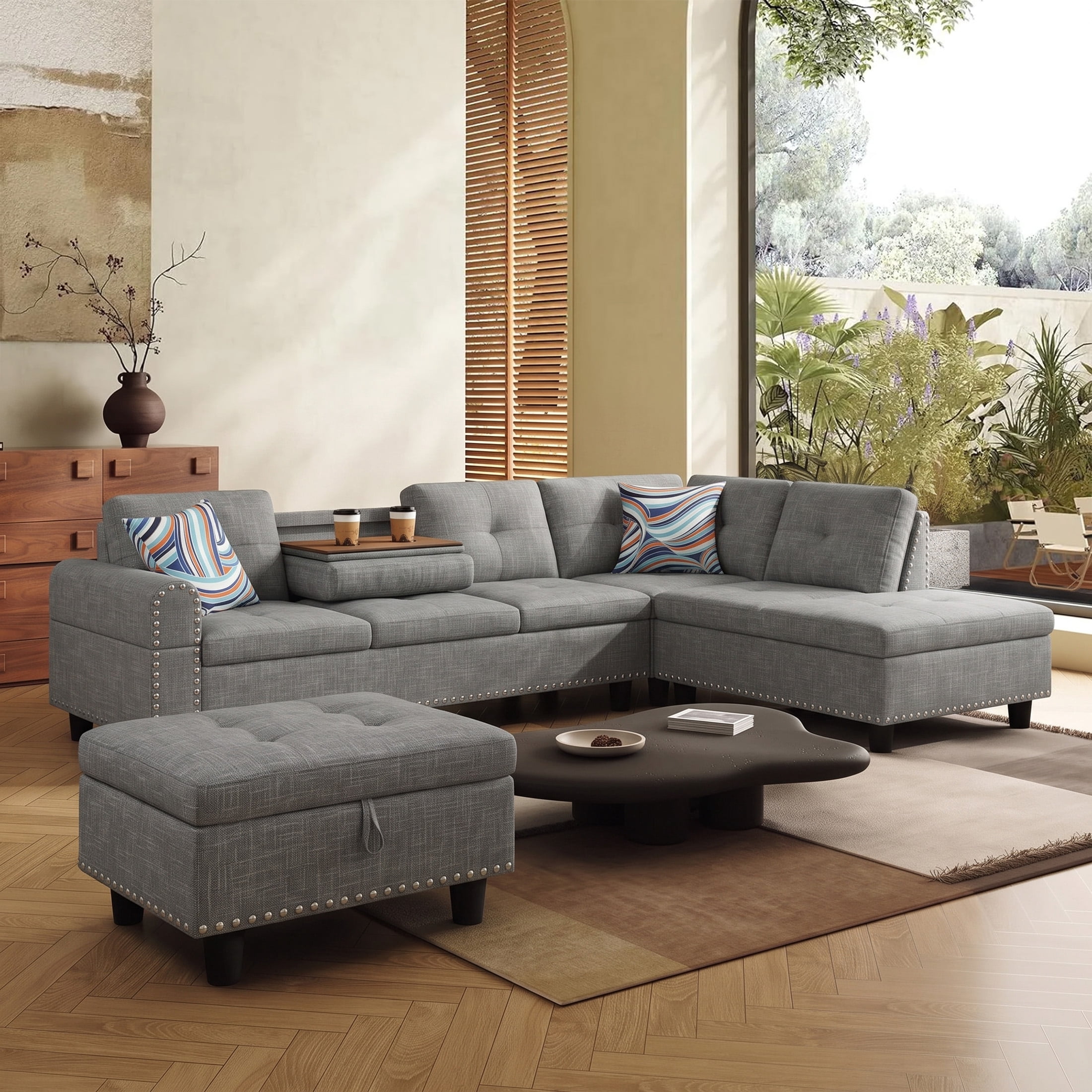 AENKYO 98" L-Shaped Sectional Sofa with Reversible Chaise, Storage Ottoman & Cup Holders, Linen, Gray