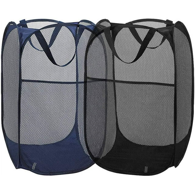 Paquete de 2 cestas de malla para la colada (negro/azul marino) con asas portátiles y duraderas, plegables para almacenamiento, cesta plegable para ropa para habitación de niños, dormitorio universitario o viajes JM