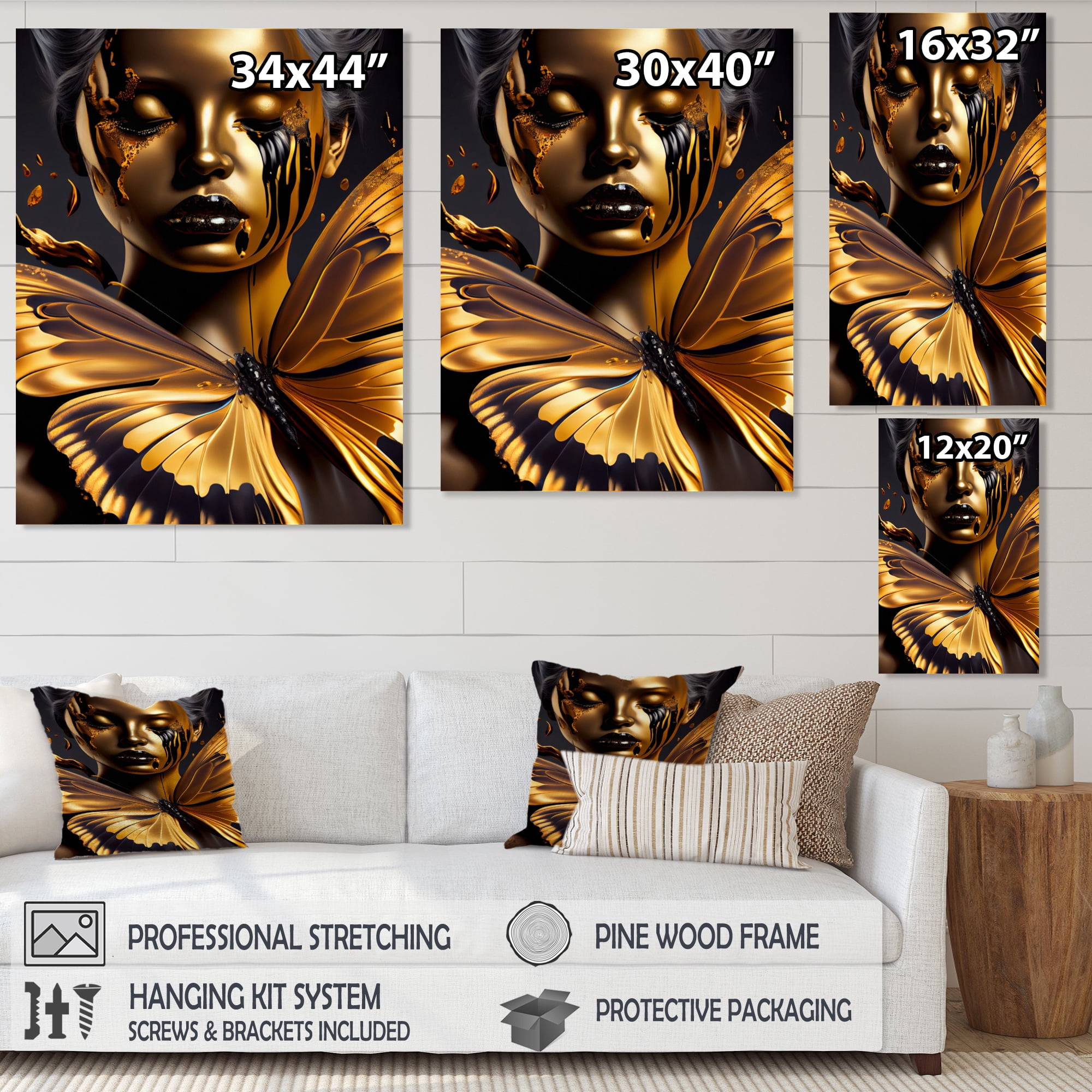 Designart Woman With Black And Gold Butterflies V Canvas Wall Art