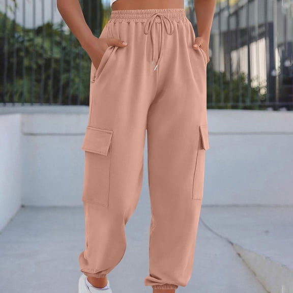 ITSAME Womens Cargo Sweatpants, Multi-Pockets Jogger Pants Drawstring Workout Tapered Trousers Pink L