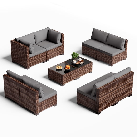 Noelse 10-Piece Patio Furniture Set, Outdoor Wicker Sectional Sofa Set with Thick Cushions and Coffee Table for Balcony, Garden and Porch, Gray