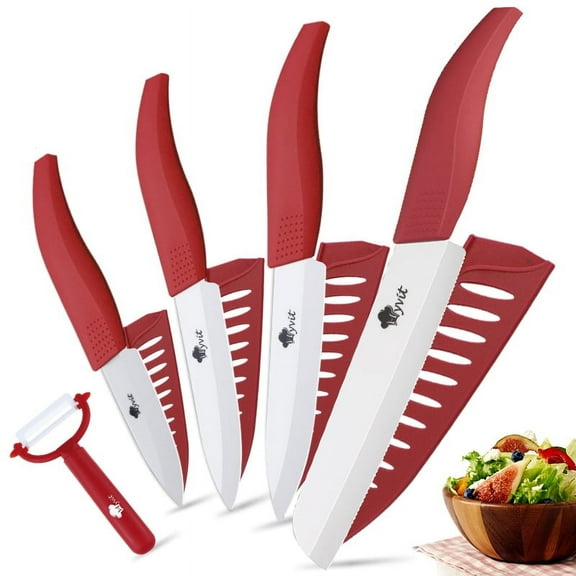 5PCS Ceramic Knives Set Serrated Paring Knife with Covers 4 Pack Fruit Knifes , Sharp Rust Proof Stain Resistant (6" Bread Knife,5" Utility Knife, 4" Fruit Knife,3" Peeling Knife,One Peeler)