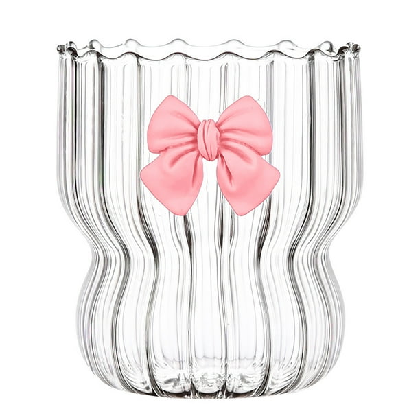 Vaso de cristal ondulado de 12 oz/350 ml, vaso decorativo para café helado, apto para zumos, cerveza, bebidas, agua, postres y café, con lazo