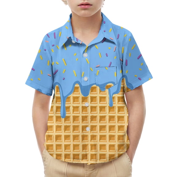ITSAME Boys Button Up Shirts School Uniform Fashion Print Short Sleeve Kids Loose Casual Shirts Light Blue Size 6-7