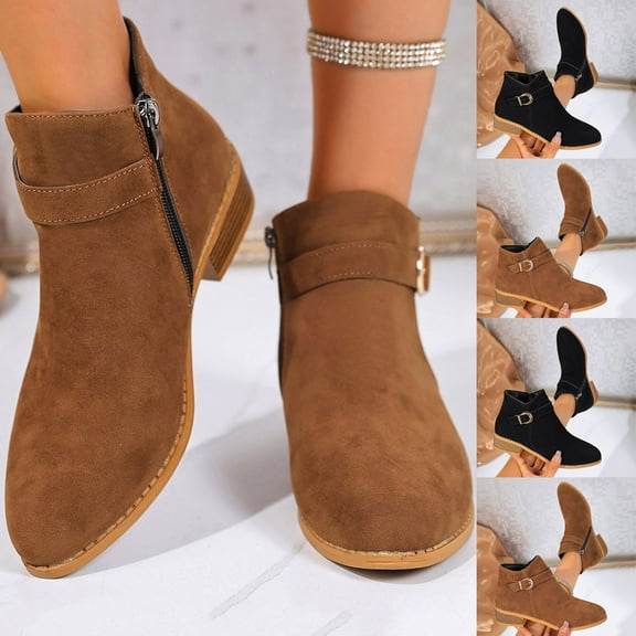 Womens Winter Boots Chunky Heel Round Toe Ankle Short Boots Casual Outdoor Dressy Thick Heel Winter Warm Shoes for Women Brown 9