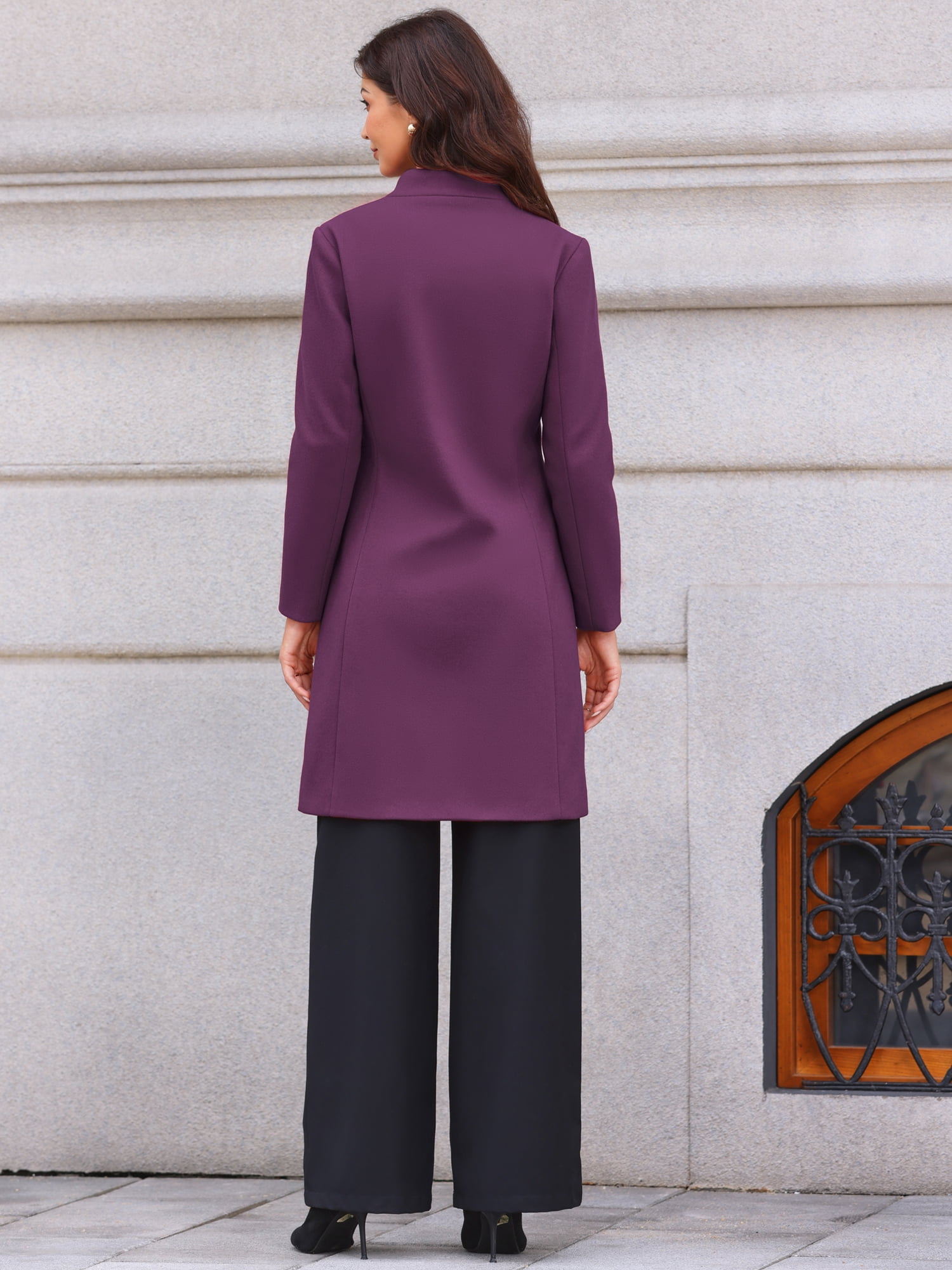 DARING DIVA Women's Stand Collar Mid-Length Overcoat with Pockets L Purple