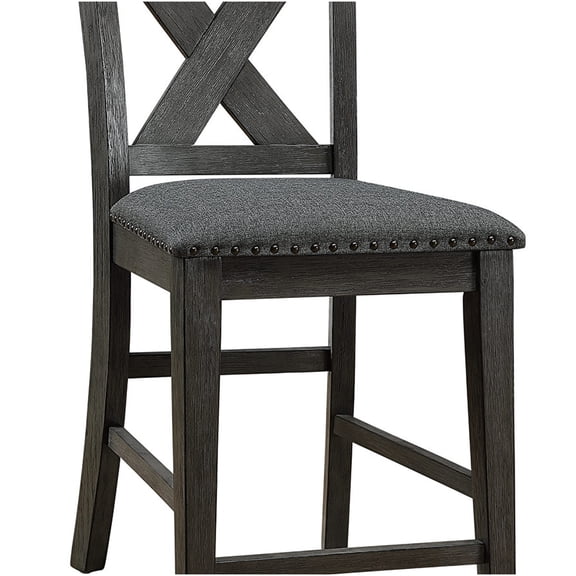 Gray Wash Modern X-Back Counter Height Dining Chairs, Set of 2 Solid Wood Upholstered Kitchen Stools with Cushioned Seat
