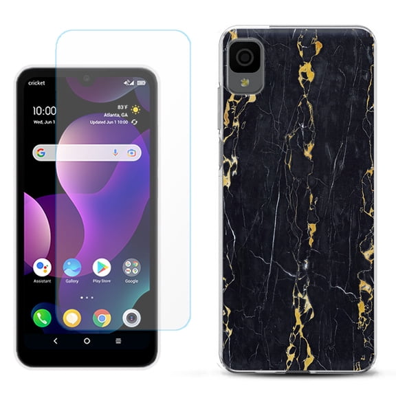 Slim-Fit Gel TPU Phone Case for TCL 30Z / 30 Z / 30 LE, with Tempered Glass Screen Protector, by OneToughShield ® - Marble / Gold/Black