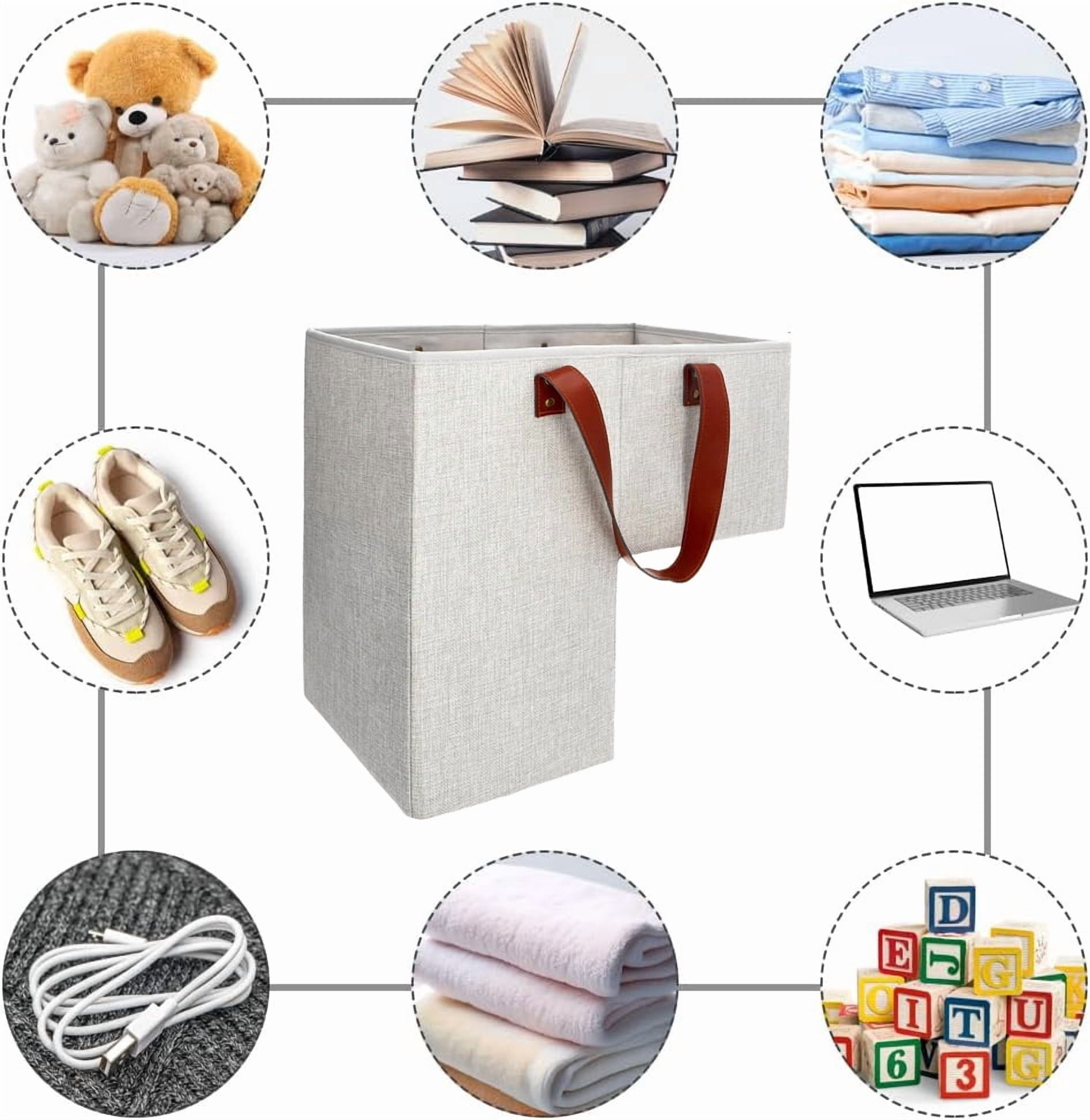 Stair Basket with Anti-Slip Grip for Wooden & Carpeted Stairs, 16"L x 10"W x 16"H Foldable Storage Organizer Bin with Handles for Laundry, Toys, Books, Home Office Decor (Natural Beige)