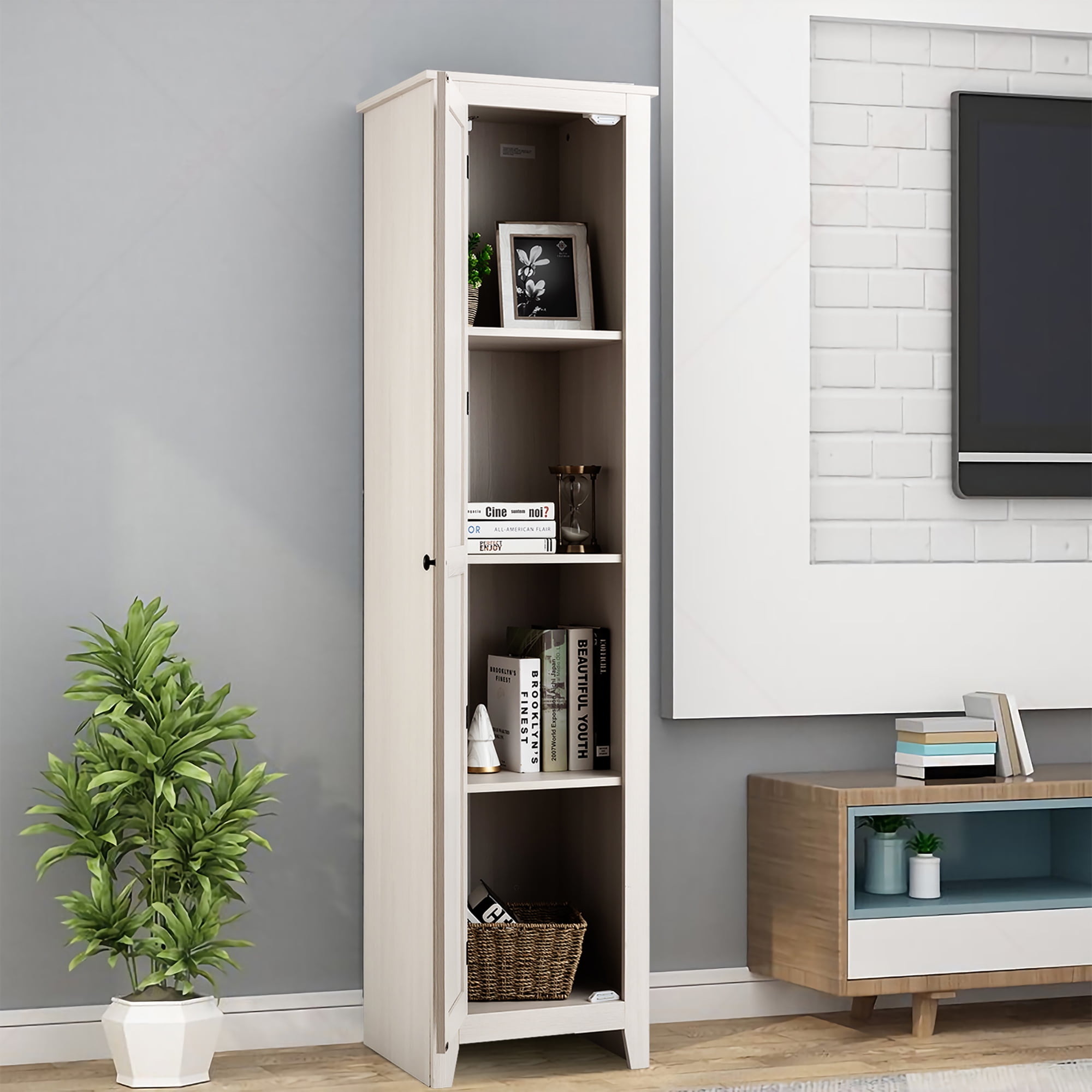 Costway Linen Tower Bathroom Storage Cabinet Tall Slim Side Organizer w/ Shelf White