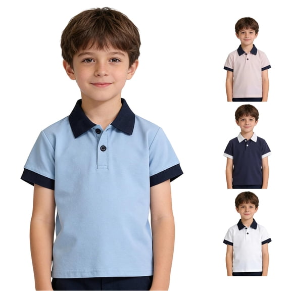 GobdXE Color Block Collar Short Sleeve Polo Shirt Unisex Kids Back to School Uniform Contrast Basic Pullover Tops for Boys Girls 6-7 Years,Blue