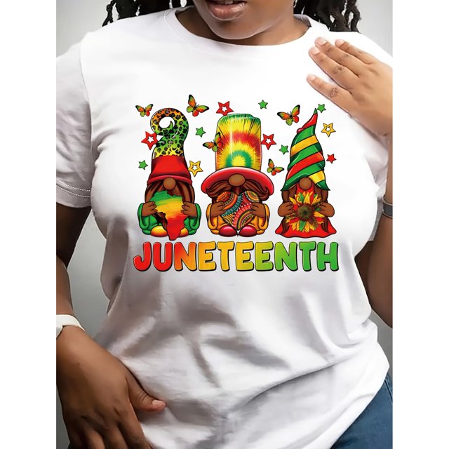 Women's Juneteenth Gnome Graphic T-Shirt - Celebratory 1965 Vibes, Black Lives Matter Print, Casual Short Sleeve Crew Neck, Polyester, Machine Washable, Spring/Summer Wear, Spring Fashion Tee | Playf