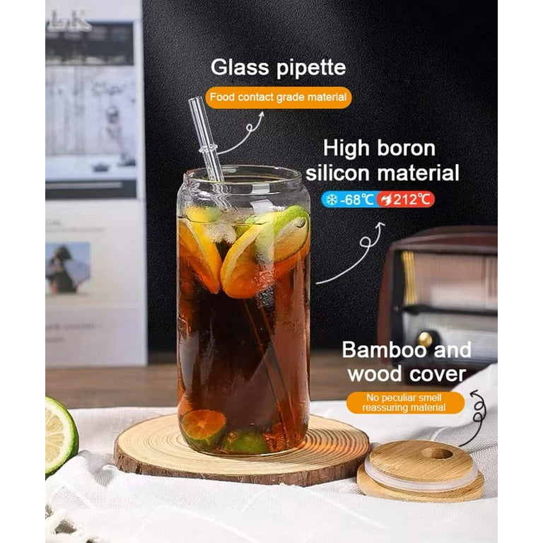 16 oz Drinking Glasses with Bamboo Lids and Glass Straw 4pcs Set - Cute  Boho Patterns