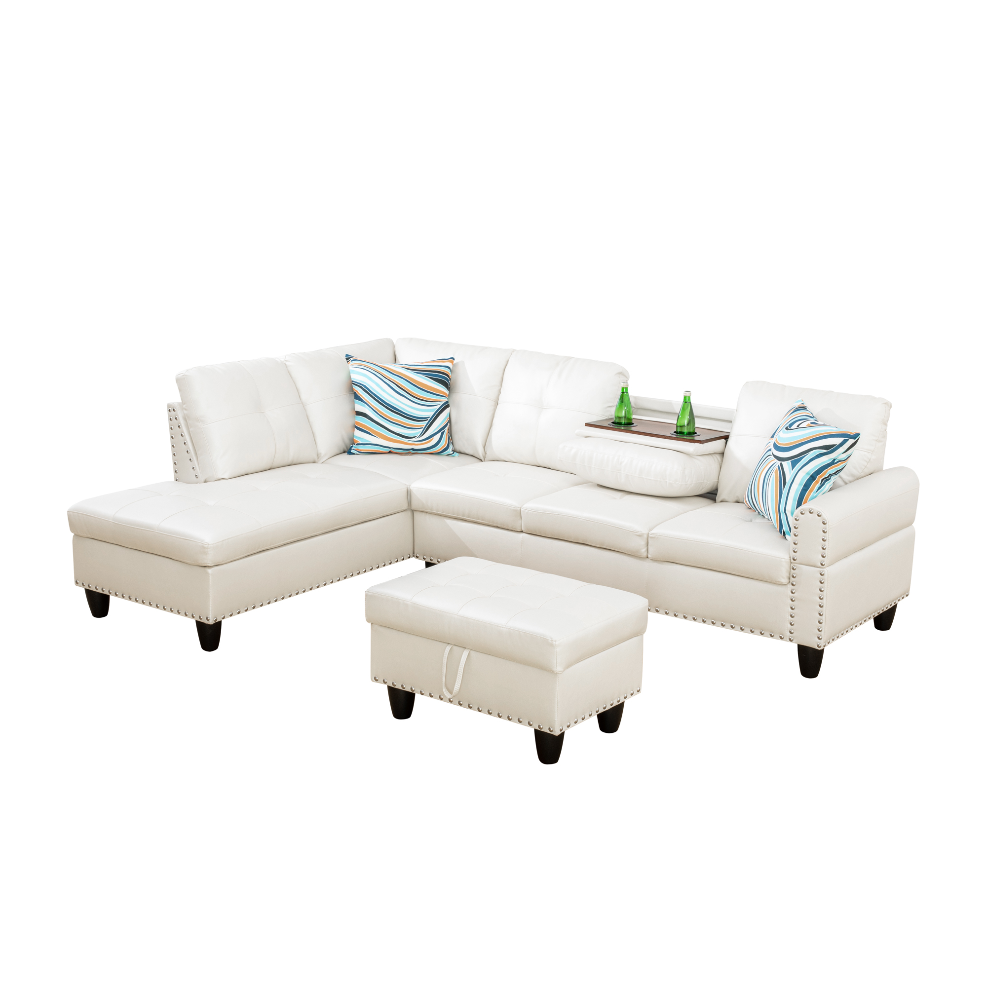MAYEERTY 97.5" Faux Leather Sectional Sofa, 3-Piece Modular Couch Living Room Sofa Set with Ottoman, White (Left)