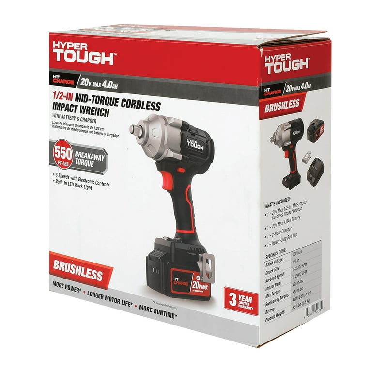 Hyper Tough 20V Max Brushless 1 2 inch Mid Torque Cordless Impact Wrench with 4.0Ah Lithium Ion Battery and Charger Walmart