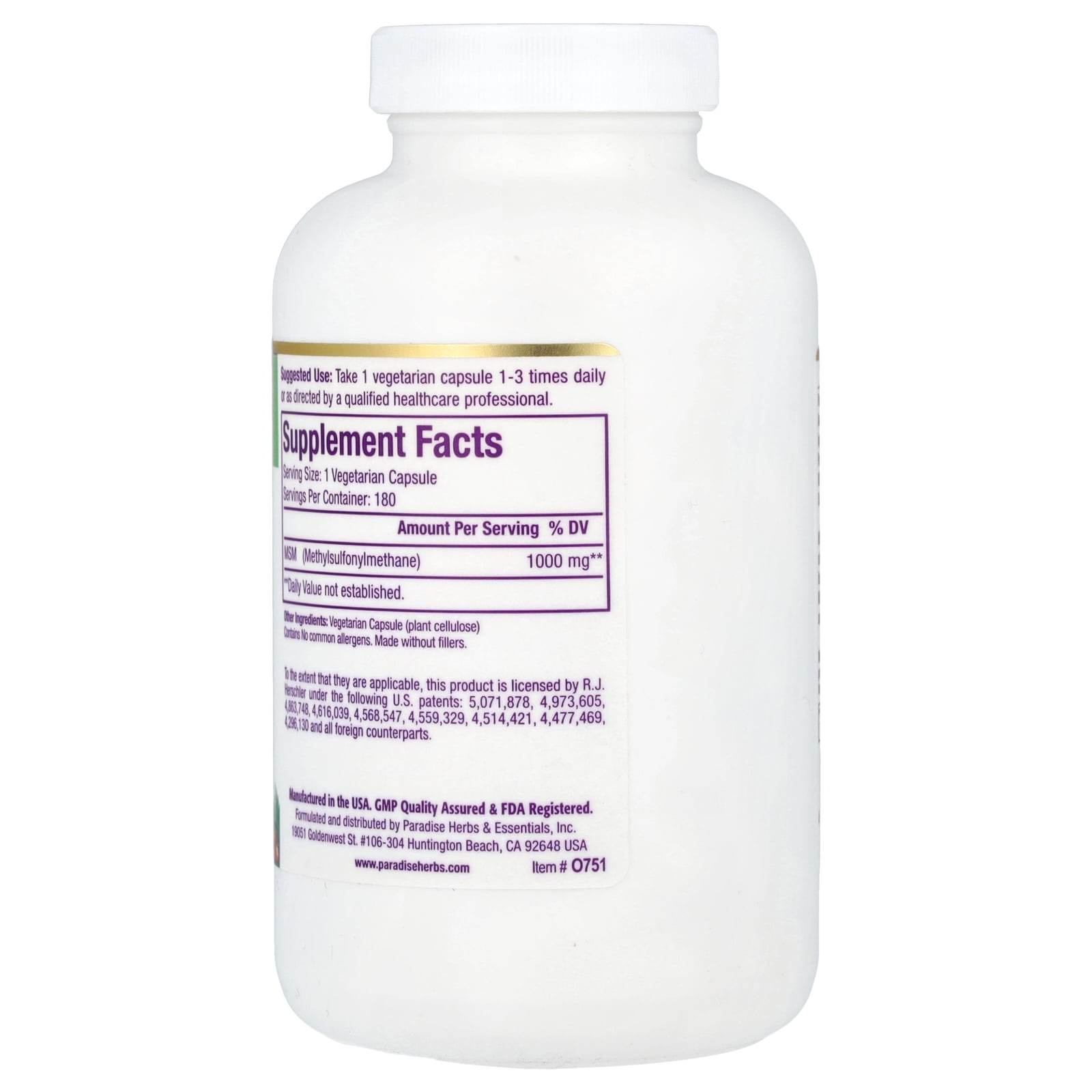 Paradise Herbs OptiMSM™, MSM, 1,000 mg, 180 Vegetarian Capsules