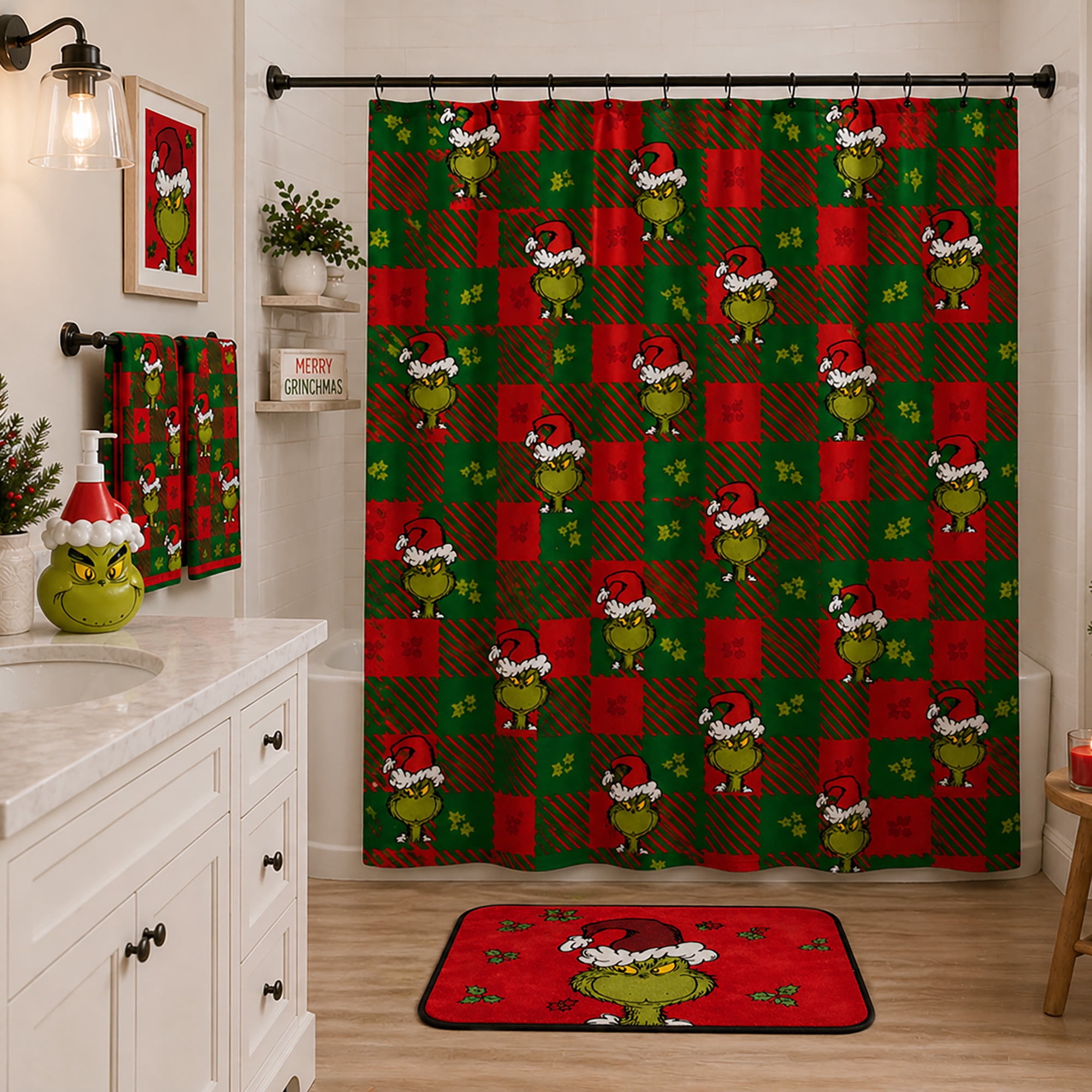 Grinch Christmas Plaid Fabric Shower Curtain, 72 x 72