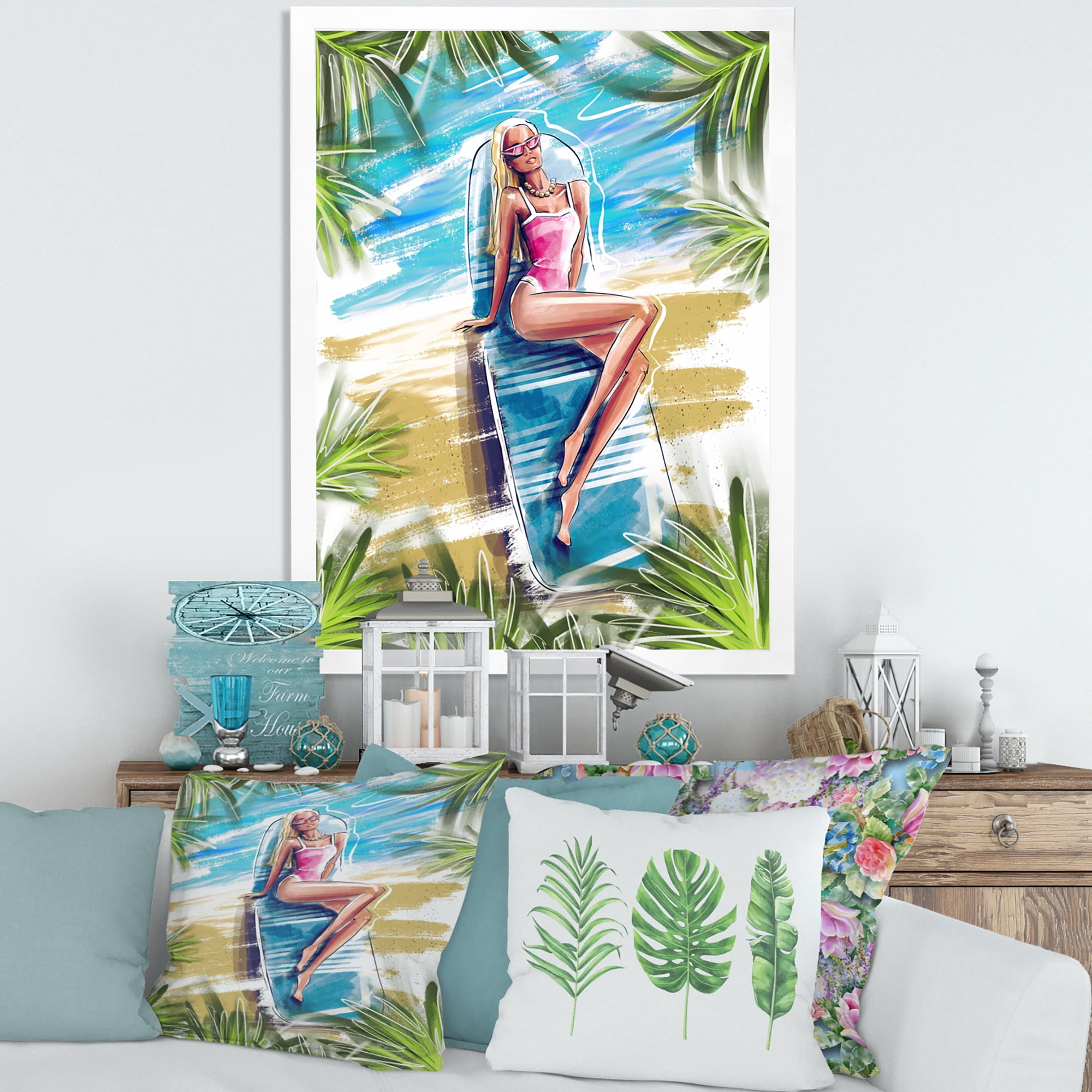 Designart 'Portrait Beautiful Blond Model At The Beach Sunbathing' Nautical & Coastal Framed Art Print