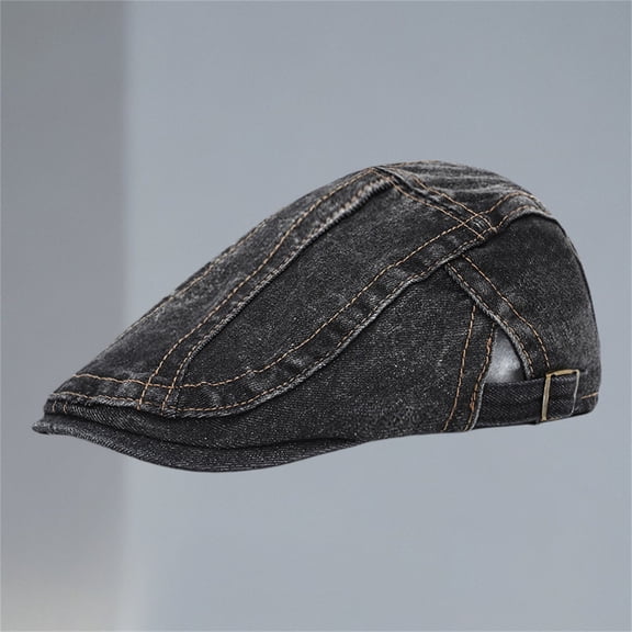Unisex Denim Beret Newsboy Cap, Cotton Cabbie Driving Hat, Vintage Style Flat Brim Dad Cap for Men and Women, Casual Daily Wear Hat Black