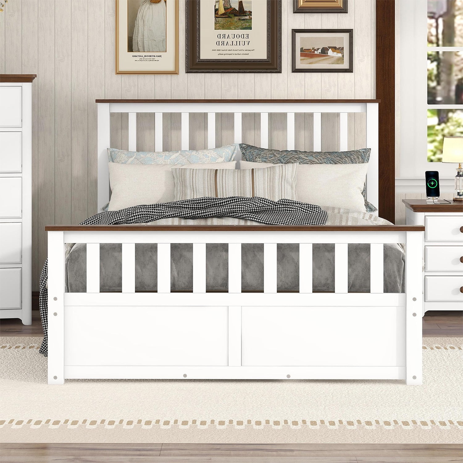 Kepooman Full Size Wood Platform Bed with Two Drawers and Wooden Slat Support, White & Walnut Kepooman Full Size Wood Platform Bed with Two Drawers and Wooden Slat Support, White & Walnut