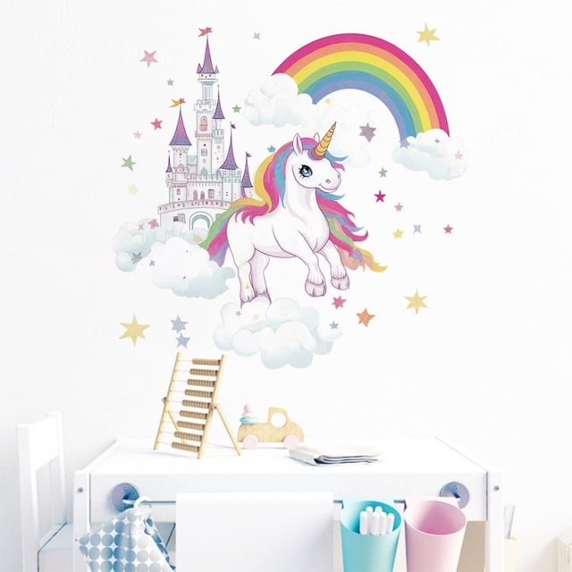 Adhesivos de pared en acuarela con forma de unicornio, castillo y arcoíris, 30 x 90 cm