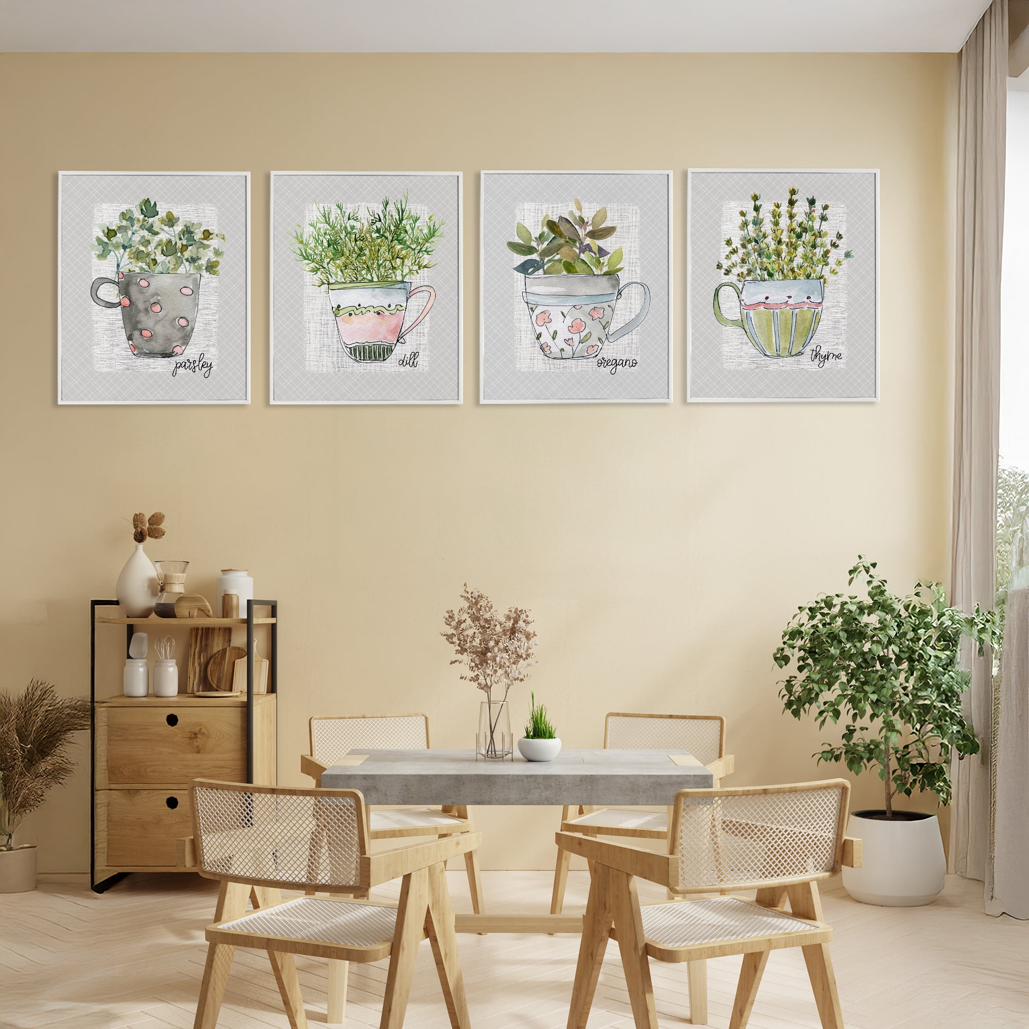 Stupell Industries Kitchen Herbs in Mugs 4 Piece White Framed Giclee Art Set, design by Livi Finn