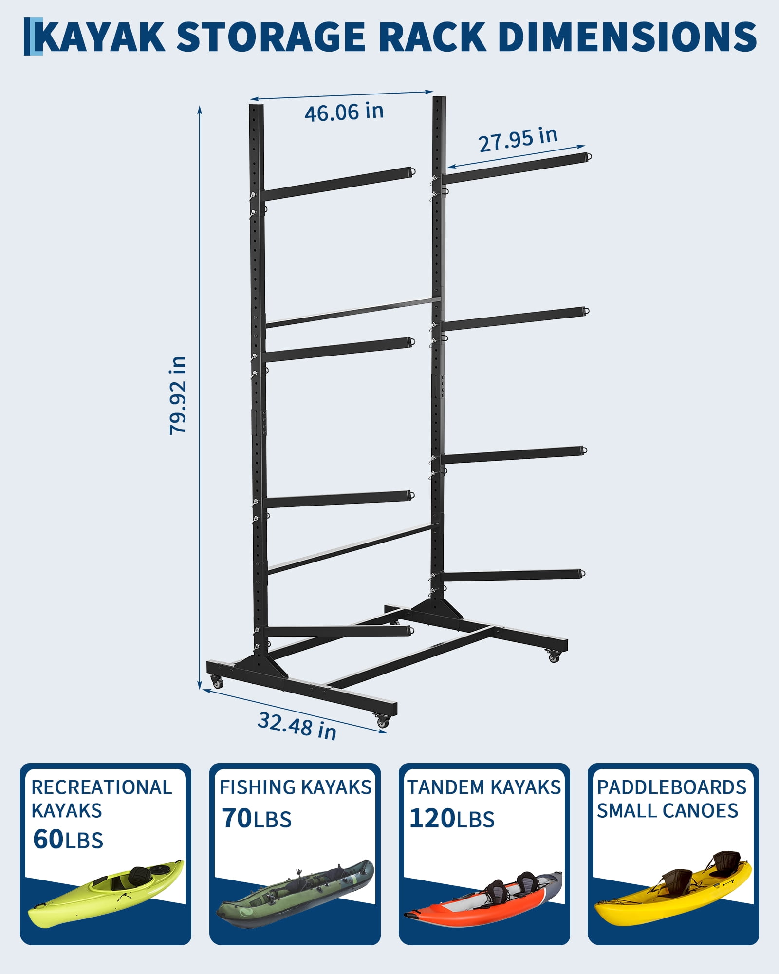 Mescukay Freestanding Kayak Storage Rack for 4 Kayaks, Outdoor Kayak Storage Racks with Wheels, Kayak Stand Heavy Duty Storage for Canoe, SUP and Surfboard