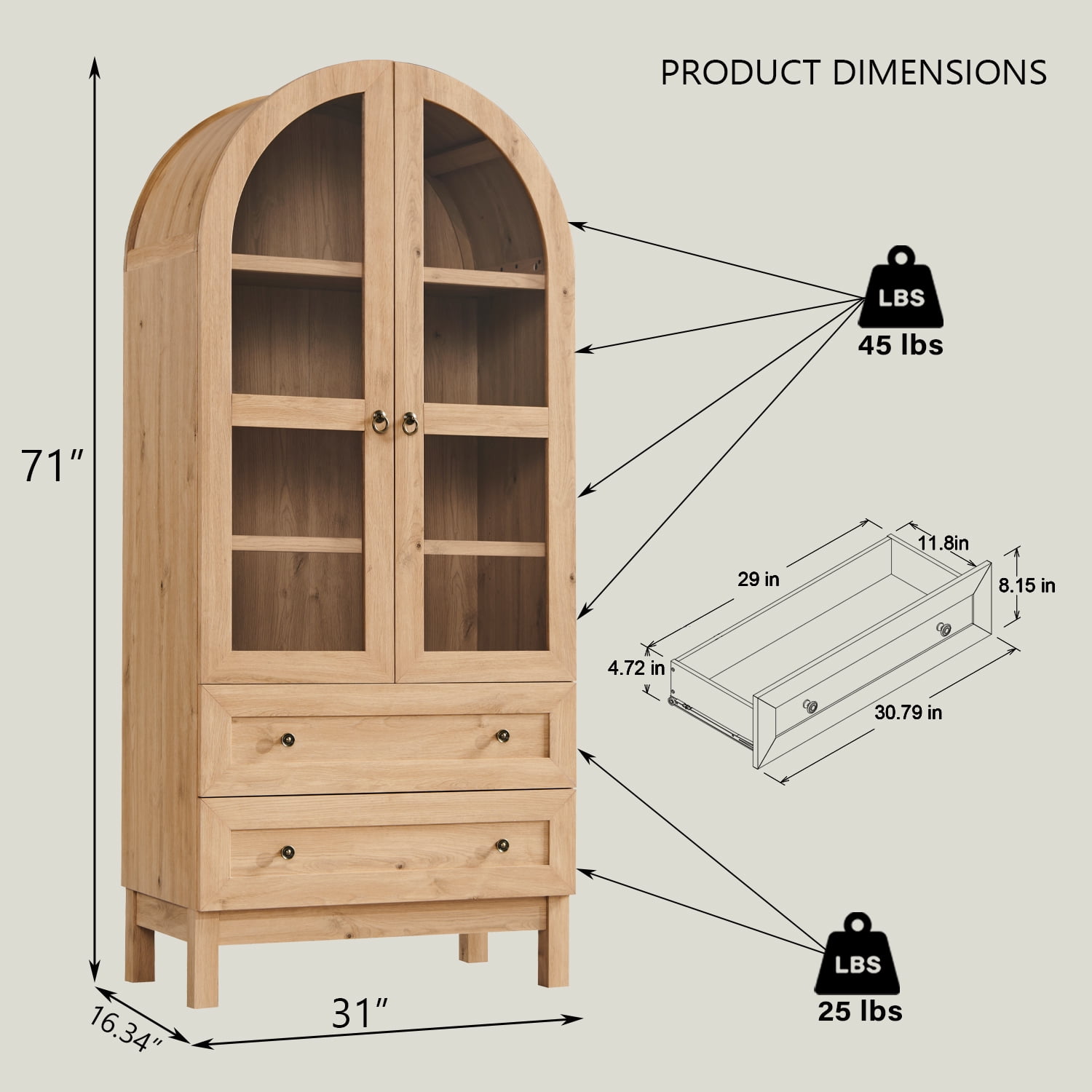 SinCiDo Arched Kitchen Pantry Storage Cabinet, 71" Tall Wood Pantry Shelves with 2 Doors & 2 Large Drawers for Dining Room Living Room