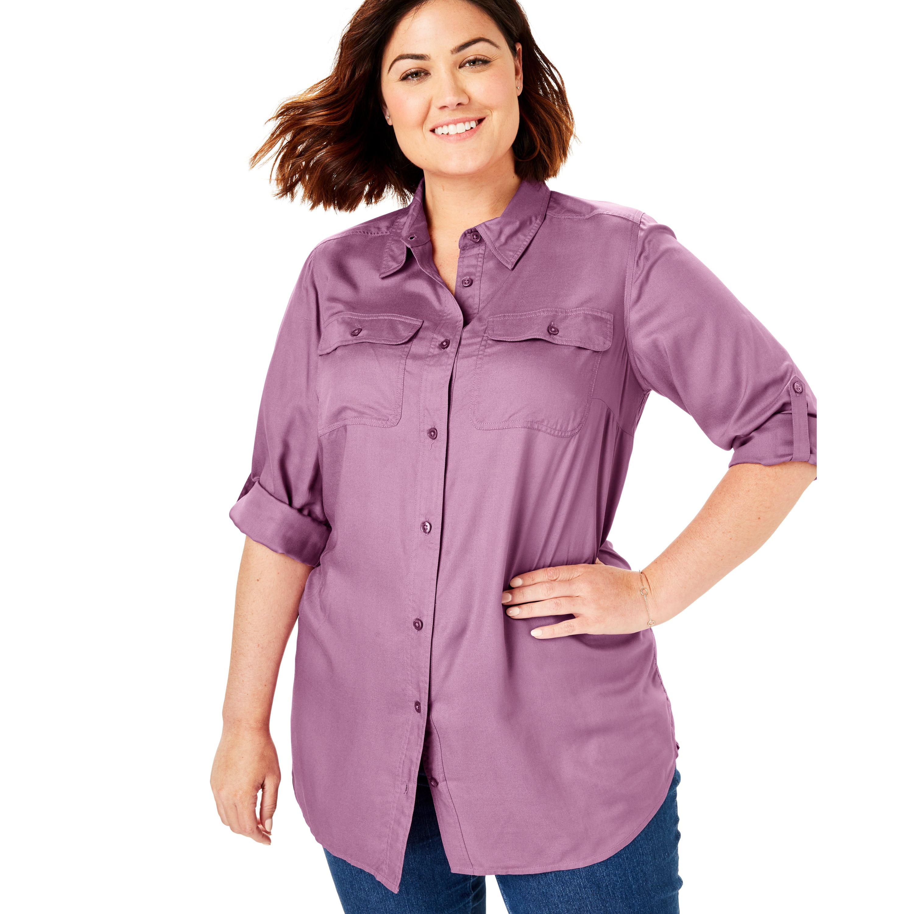 Woman Within Plus Size Utility Button Down Shirt Blouse