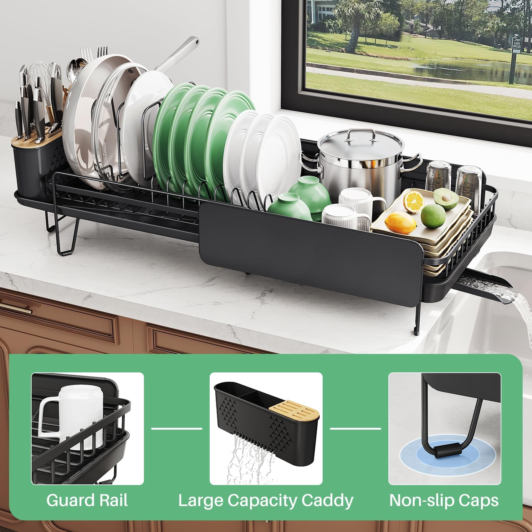 Dish Drying Rack Black Stainless Steel Expandable for Kitchen Counter