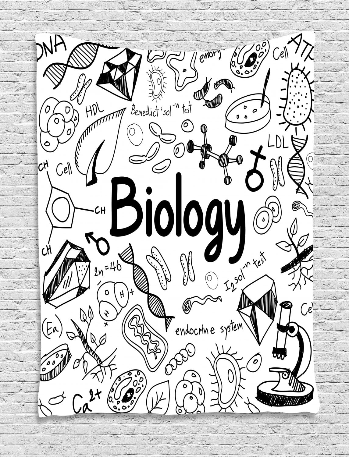 Biology Tapestry, Doodle Handwriting Elements School Education Molecules Bacteria Chemistry Lab