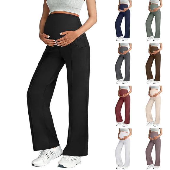 zaveiop Maternity Dress Yoga Pants with Pockets over The Belly Stretchy Work Slack Pregnancy Wide Leg Lounge Trousers (Light Green, L)