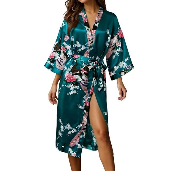 KANG Ladies' Print Long Robe Lightweight Bathrobe And Loungewear