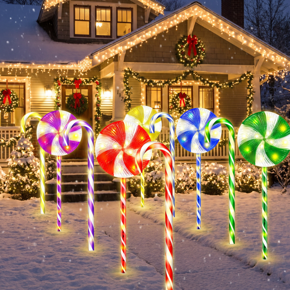 10PK 130 LED 8 Modes Flashing Christmas Candy Cane Lollipop Lights for Pathway Front Door Lawn Outdoor Lighted Up Christmas Light Stake Decoration for Garden Yard