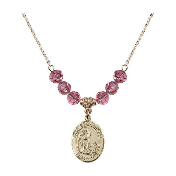 18-Inch Hamilton Gold Plated Necklace with 6mm Rose Pink October Birth Month Stone Beads and Saint Bonaventure Charm