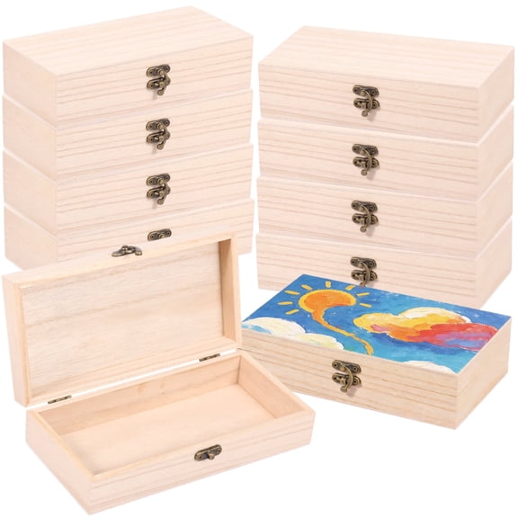 NUAHRHY 10Pcs Unfinished Wood Box with Hinged Lid and Front Clasp, Unpainted Plain Wooden Box for DIY Craft, Wooden Storage Box Jewelry Keepsake Storage