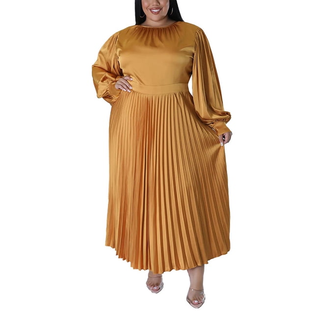 Innerwin Robes Col Rond Dames Robe Maxi Travail Couleur Unie Grande Taille Or L