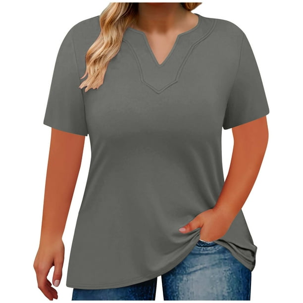 Camisetas Casuales de Mujer Cuello en V Color Sólido Camiseta de Gran Tamaño Poliéster Ligero, Blusa Suelta para Verano Primavera Diaria