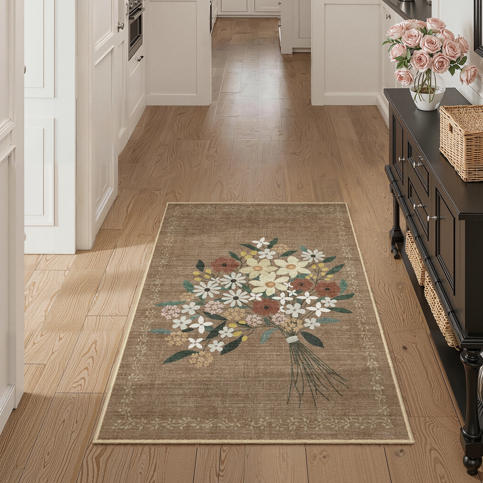 Toyoso 3x5 Machine Washable Area Rug - Floral Bouquet Printed Small Rug, Soft Polyester Non-Slip Bedroom Bedside Entryway Mat, Aesthetic Cottagecore Accent Carpet, Brown Floral