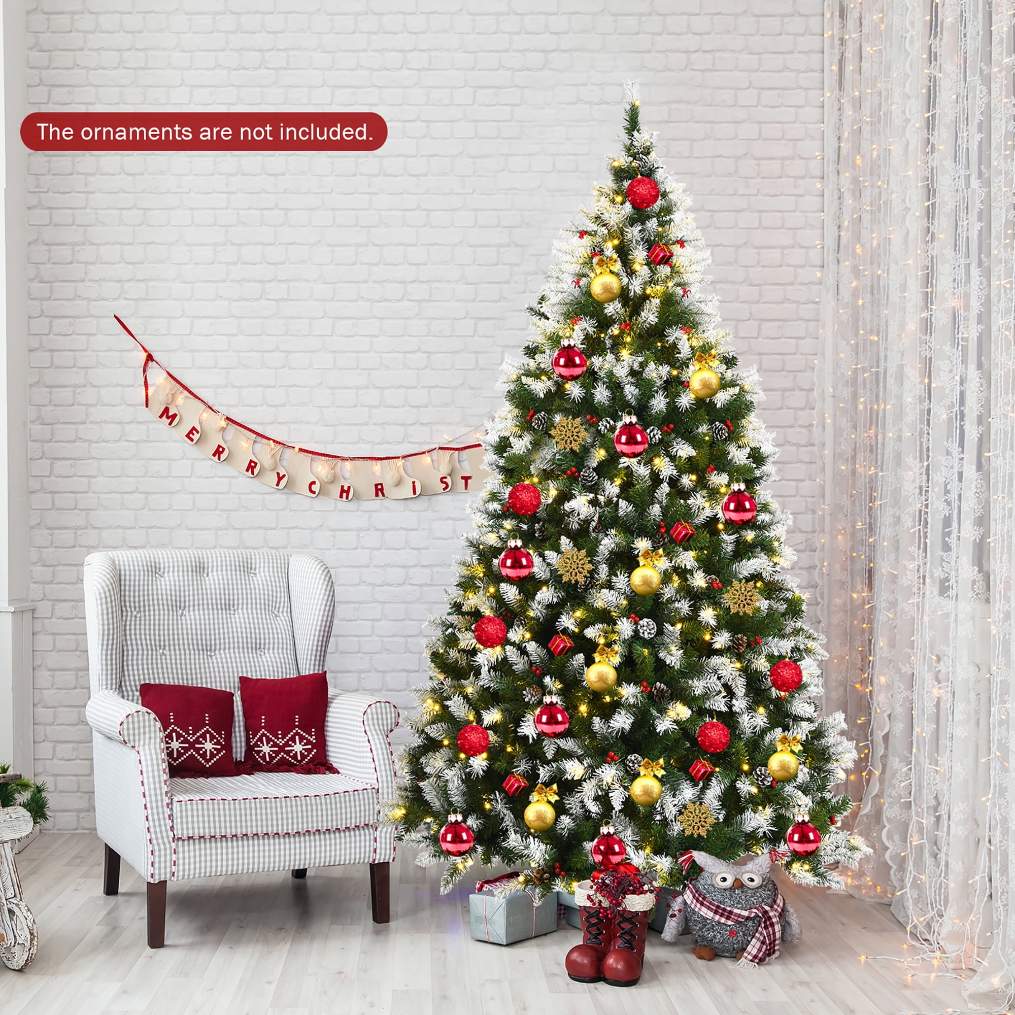 Costway 7.5ft Pre-lit Snowy Christmas Tree 1398 Tips with Pine Cones & Red Berries