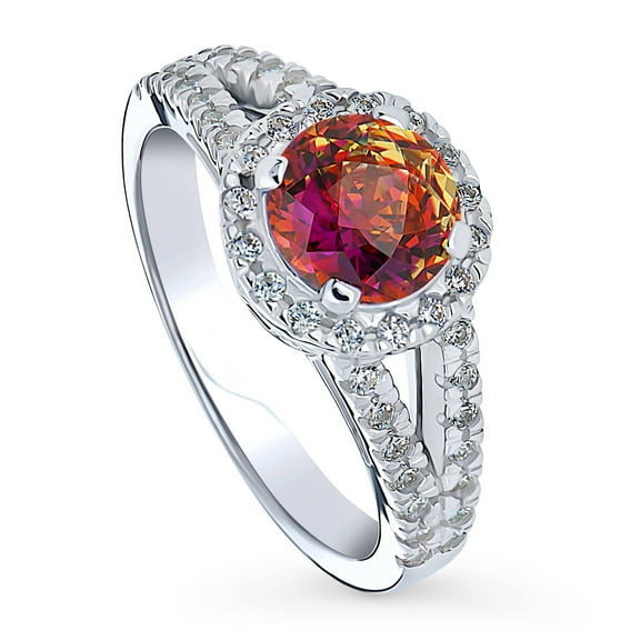 BERRICLE Sterling Silver Halo Red Orange Round Cut Cubic Zirconia CZ Kaleidoscope Cocktail Fashion Split Shank Ring for Women, Rhodium Plated Size 10