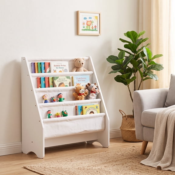PAWON Kids Bookshelf Storage,Sling Bookshelf, 4-Tier White Toddler Book Storage Organizer
