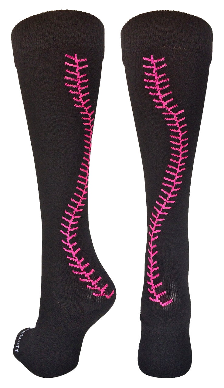Softball Socks with Stitches Over the Calf (Black/Neon Pink, Small