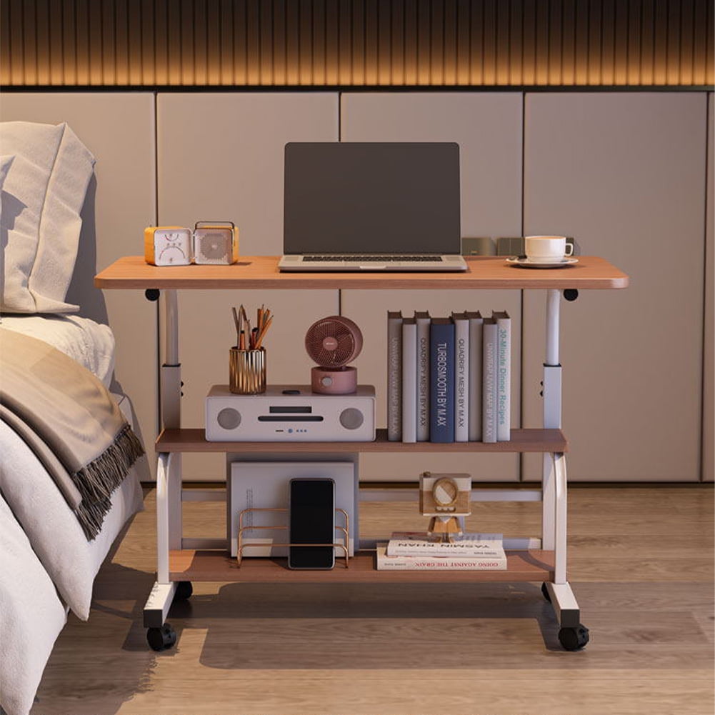 Roromall 31.5" Adjustable Height Portable Rolling Desk Mobile Standing Desk, Small Computer Table, Mobile Stand Up Table with Wheels & Storage Shelves for Home Office School