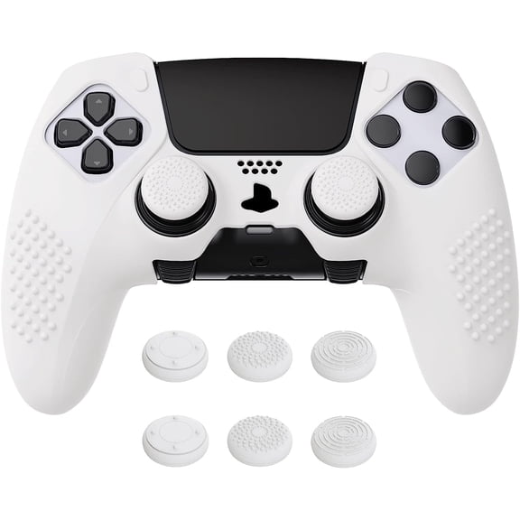 PlayVital 3D Studded Edition Anti-Slip Silicone Cover Case for ps5 Edge Controller, Soft Rubber Protector Skin for ps5 Edge Wireless Controller with 6 Thumb Grip Caps - White