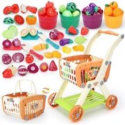 Kids Shopping Cart with Cutting Play Food Set for Kids Kitchen, 2 in 1 Shopping Cart for Kids Grocery Store Pretend Play Kitchen Accessories Sorting Food Bucket Learning Toys Gift for Toddler 3-5