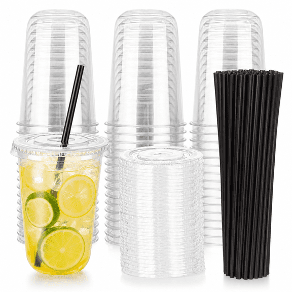 100 Set 16oz Plastic Cups with Lids and Straws, Disposable Clear Iced Coffee Cup with Lid, Round Bottom Plastic To Go Cups for Cold Drinks Slushie Smoothie Lemonade Party Picnic Shop Supplies
