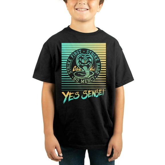 Strike First Cobra Kai T V Show Series Youth Boys Black Graphic Tee-Small