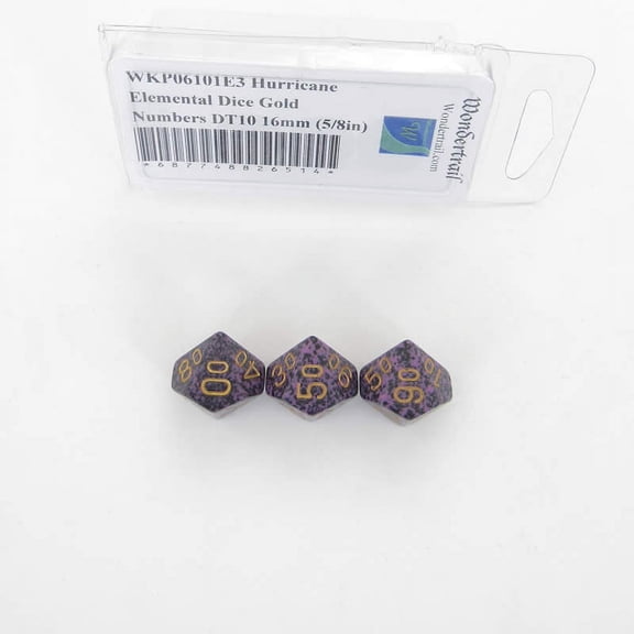 Hurricane Elemental Dice with Gold Numbers DT10 16mm (5/8in) Pack of 3 Wondertrail
